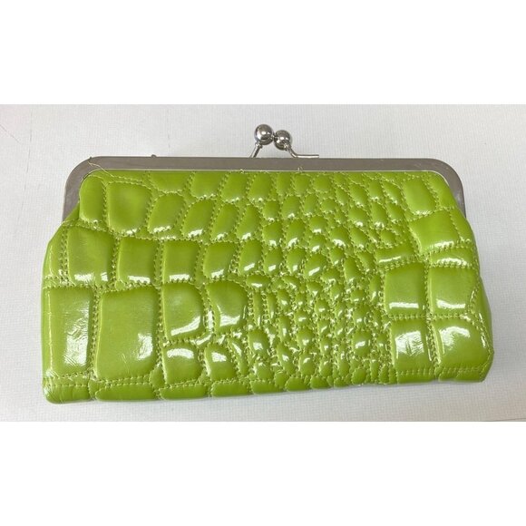 Kristine Lime Green Clutch Crocodile Pattern Pink Interior - Picture 1 of 8